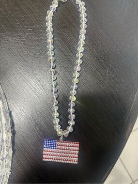 Crystal Bead Necklace with American Flag Pendant and Earring Set